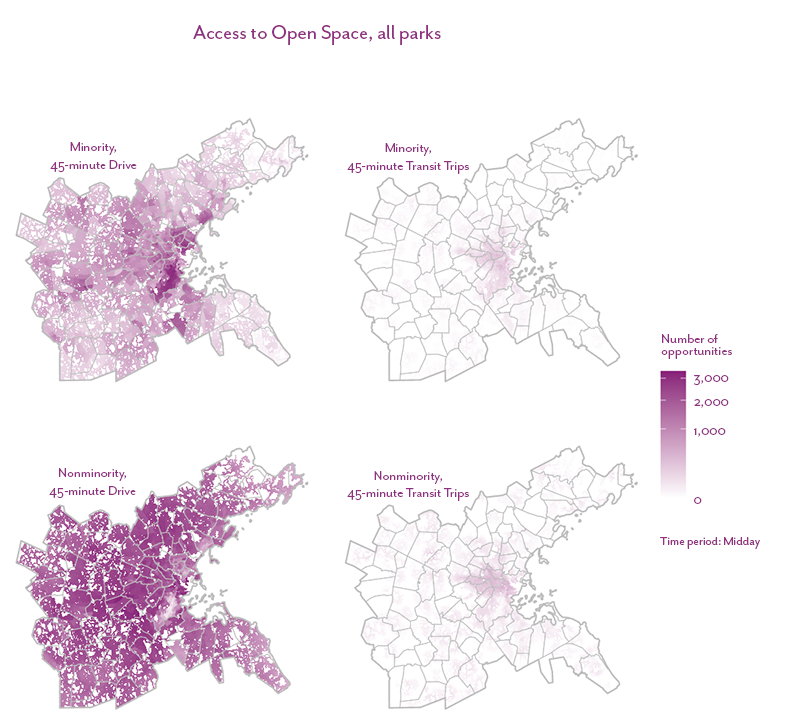 Figure 33 is a map that shows the number of open space opportunities accessible within a 45-minute drive or public transit trip for the minority and non-minority populations living in the Boston region. 